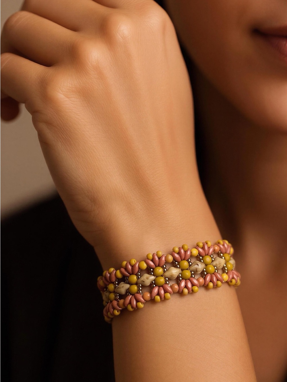 Pink & Yellow Beaded Floral-Style Bracelet